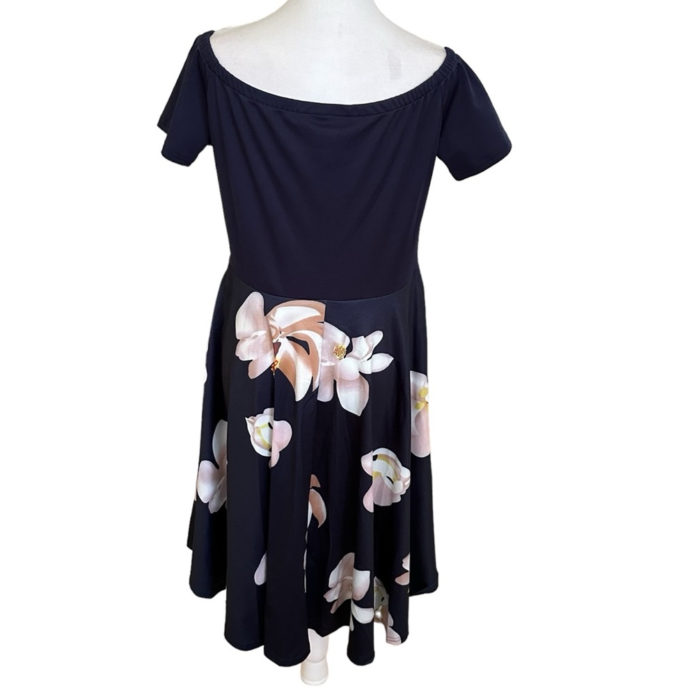 CUQY Short Sleeve Off The Shoulder High Low Navy Blue Floral Dress Size L NWT